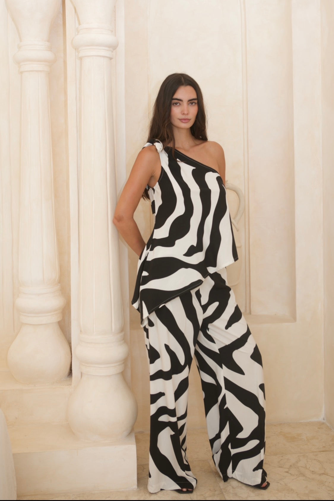 SALVAJE SET – Ensemble Deux-Pièces Haut Asymétrique & Pantalon Zèbre | by Paquita Exbrayat